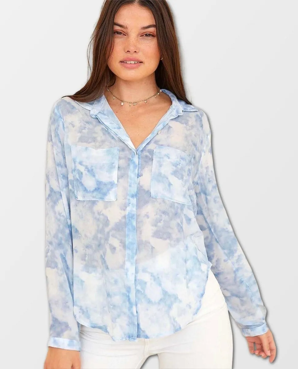 Full Button Down Hipster Shirt Cloud Print