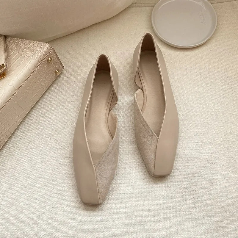 genuine leather slip on ballet flats square toe shallow driving dance shoe solid dance sweet women spring shoes L1f1