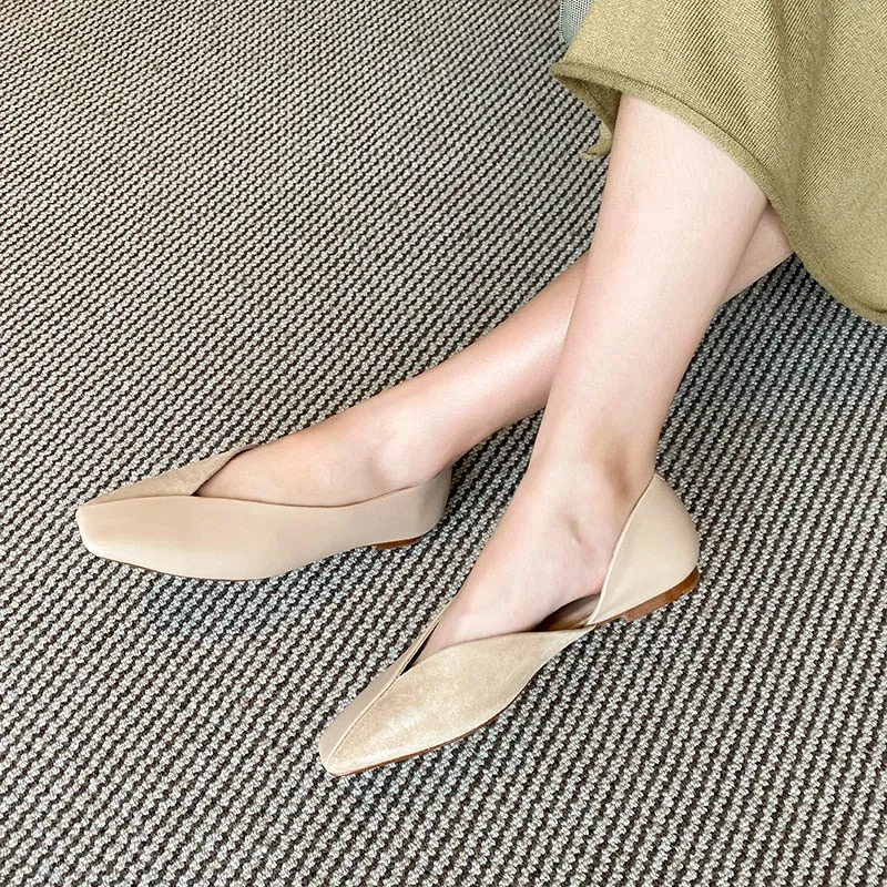 genuine leather slip on ballet flats square toe shallow driving dance shoe solid dance sweet women spring shoes L1f1
