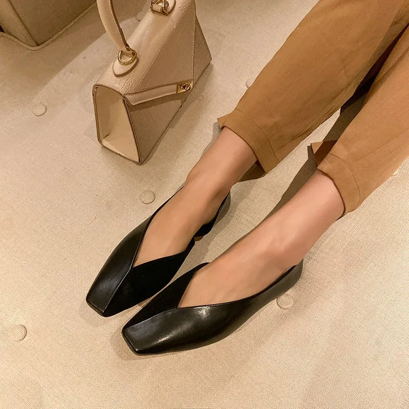 genuine leather slip on ballet flats square toe shallow driving dance shoe solid dance sweet women spring shoes L1f1