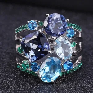 Genuine Mystic Topaz Gemstone Ring Women Wedding Jewelry