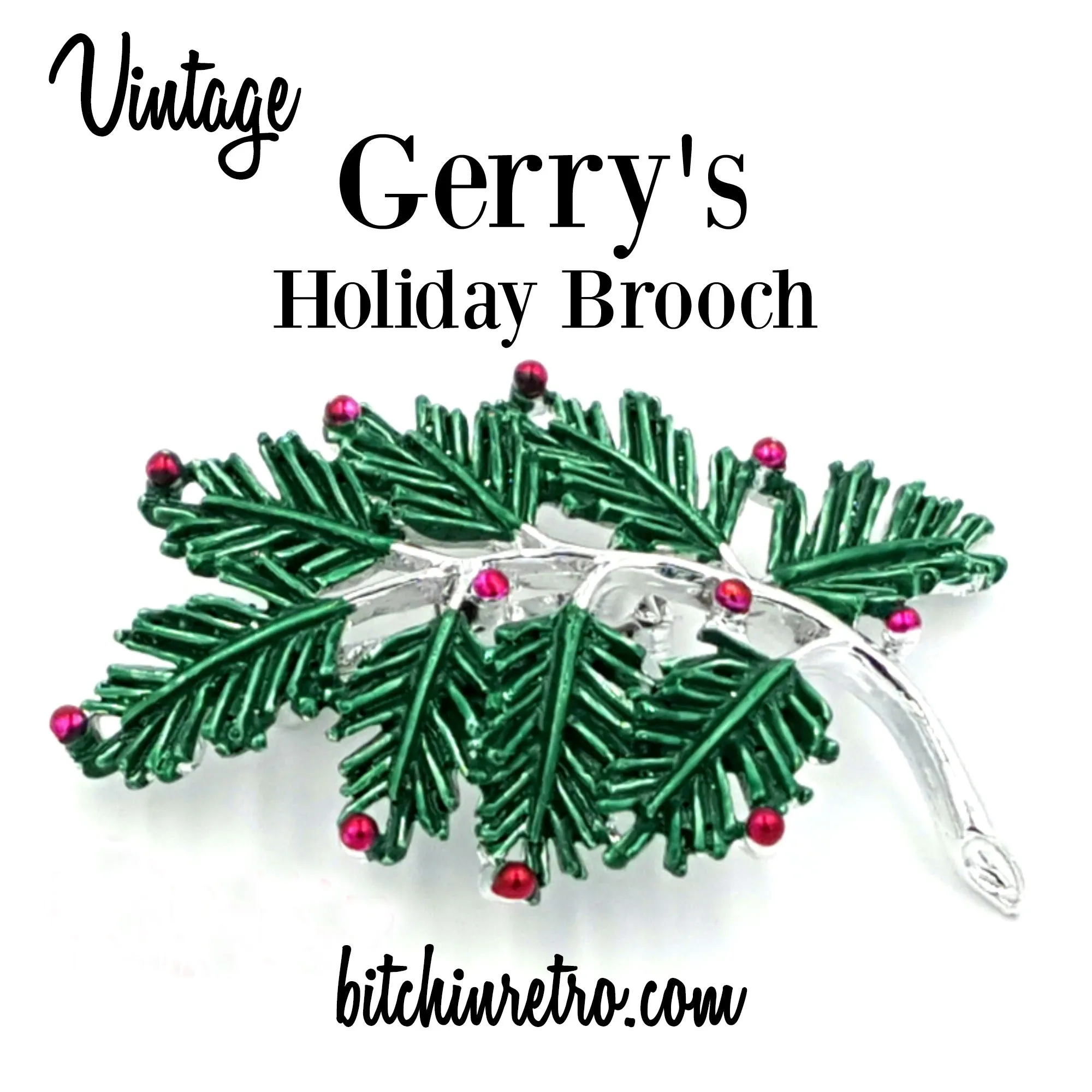 Gerrys Vintage Christmas Pine Bough Brooch with Silver and Red Accents