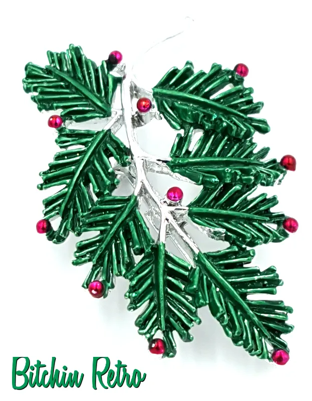 Gerrys Vintage Christmas Pine Bough Brooch with Silver and Red Accents