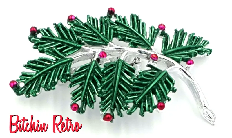 Gerrys Vintage Christmas Pine Bough Brooch with Silver and Red Accents