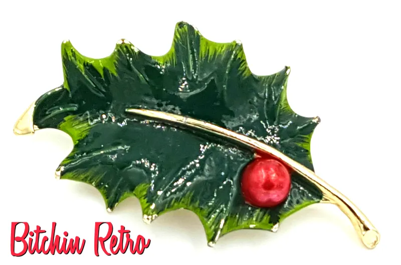 Gerry's Vintage Enameled Holly Leaf Brooch, Retro Christmas Pin