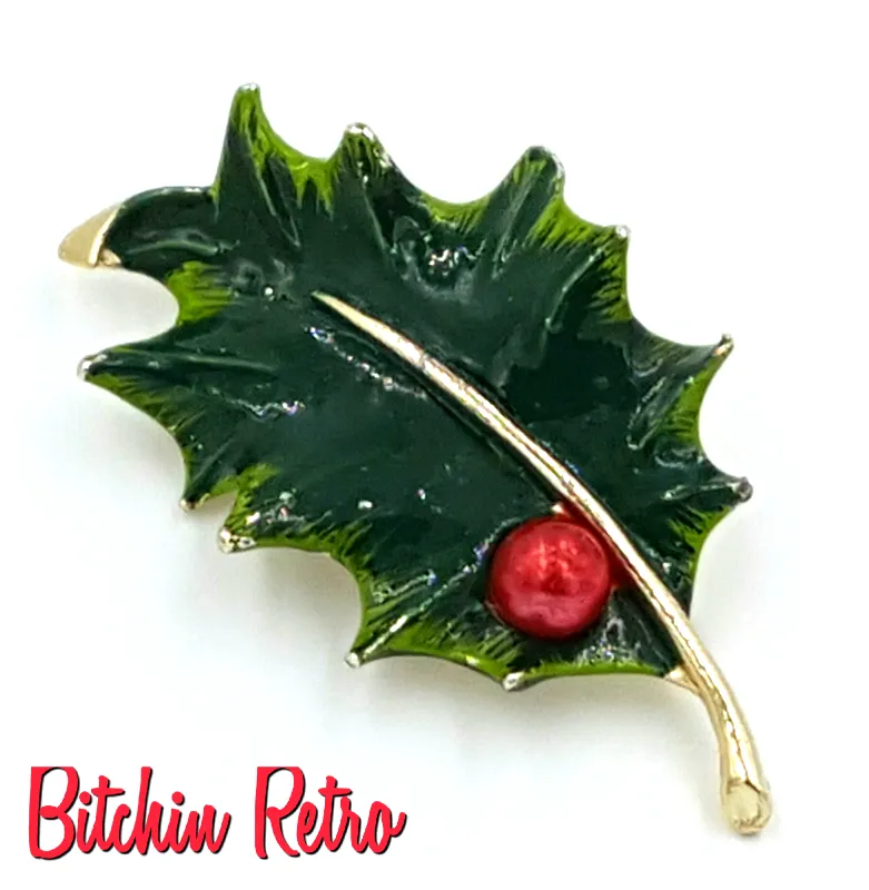 Gerry's Vintage Enameled Holly Leaf Brooch, Retro Christmas Pin