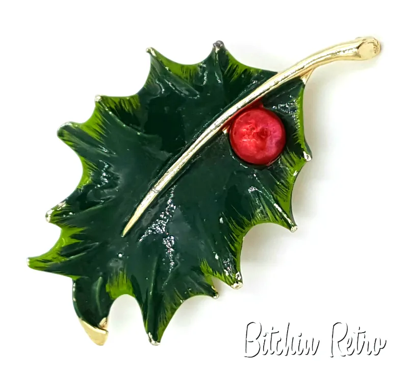 Gerry's Vintage Enameled Holly Leaf Brooch, Retro Christmas Pin