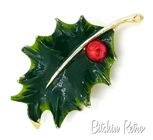 Gerry's Vintage Enameled Holly Leaf Brooch, Retro Christmas Pin