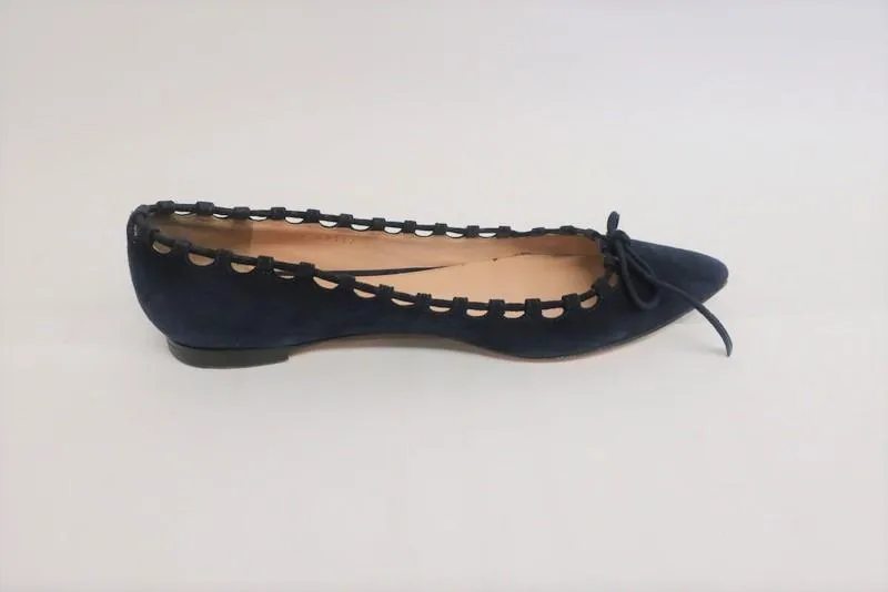 Gianvito Rossi Bow Ballet Flats Navy Cutout Suede Size 36 Pointed Toe
