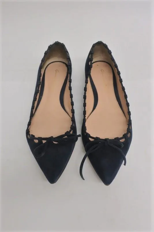 Gianvito Rossi Bow Ballet Flats Navy Cutout Suede Size 36 Pointed Toe