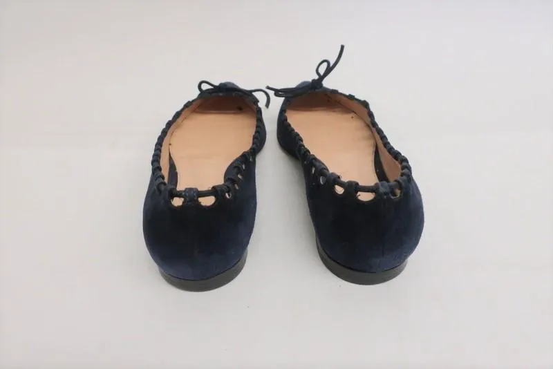 Gianvito Rossi Bow Ballet Flats Navy Cutout Suede Size 36 Pointed Toe