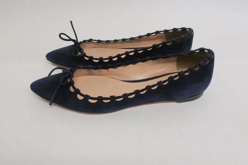 Gianvito Rossi Bow Ballet Flats Navy Cutout Suede Size 36 Pointed Toe