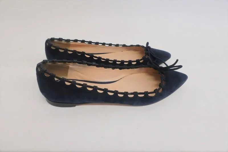 Gianvito Rossi Bow Ballet Flats Navy Cutout Suede Size 36 Pointed Toe