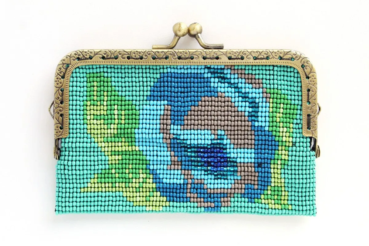 Glass Bead Flower Purse with Metal Frame - LIGHT BLUE