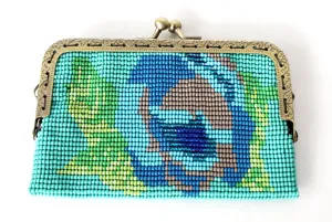 Glass Bead Flower Purse with Metal Frame - LIGHT BLUE