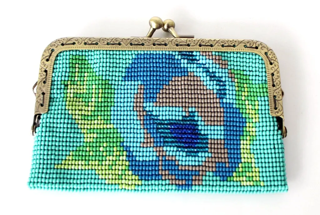 Glass Bead Flower Purse with Metal Frame - LIGHT BLUE