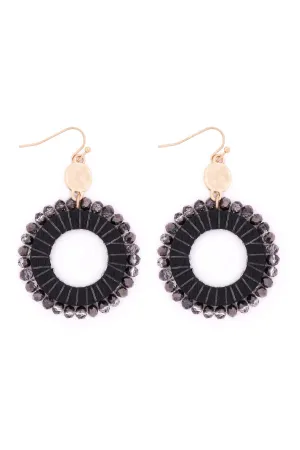GLASS BEADED WOOD HOOP DROP EARRINGS