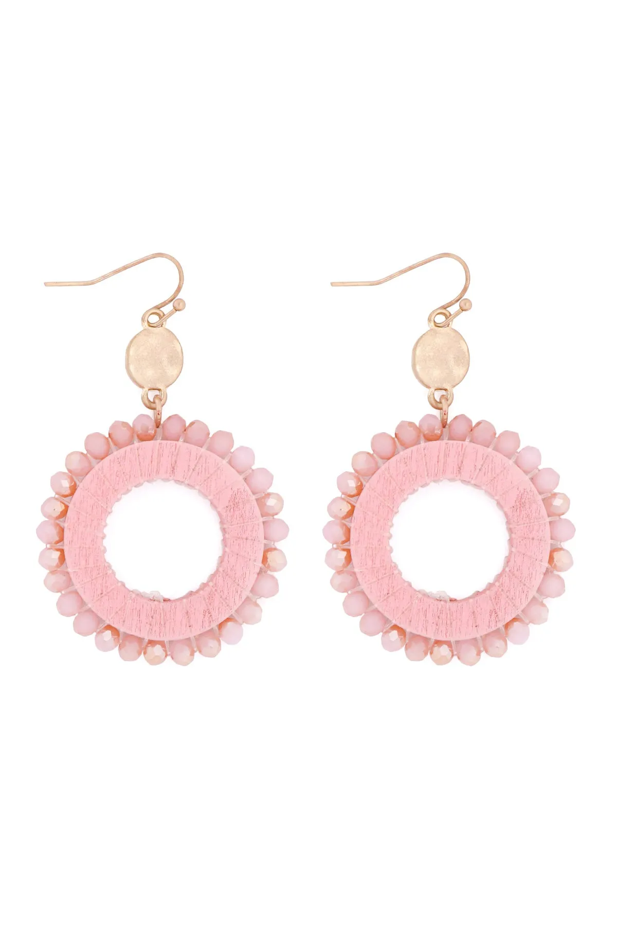 GLASS BEADED WOOD HOOP DROP EARRINGS