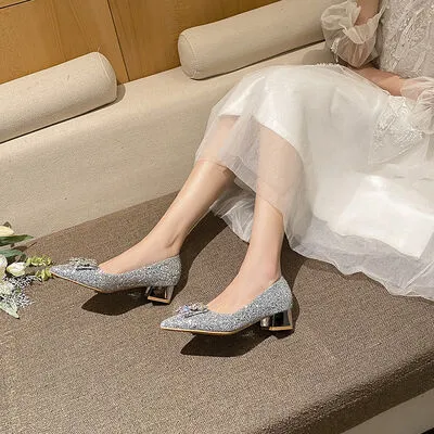 Glitter Point Toe Block Heel Pumps