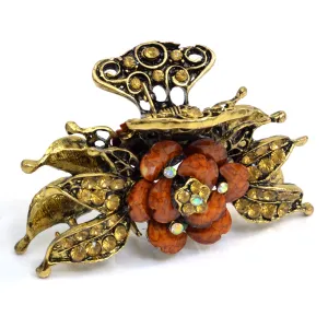 Gold Floral Adorned Hair Clip with Brown Stones