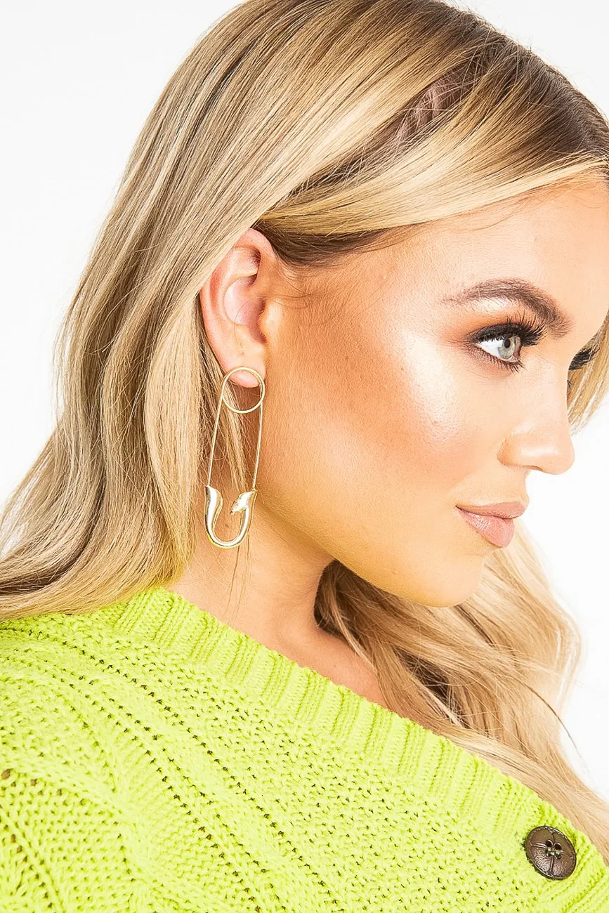 Gold Oversized Safety Pin Drop Earrings - Rossy
