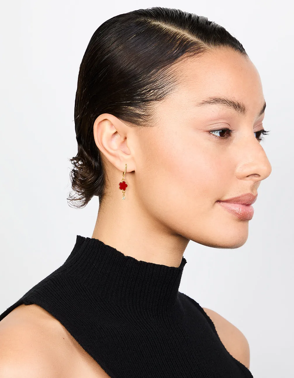 Gold Red Cubic Zirconia Floral Droplet Earrings