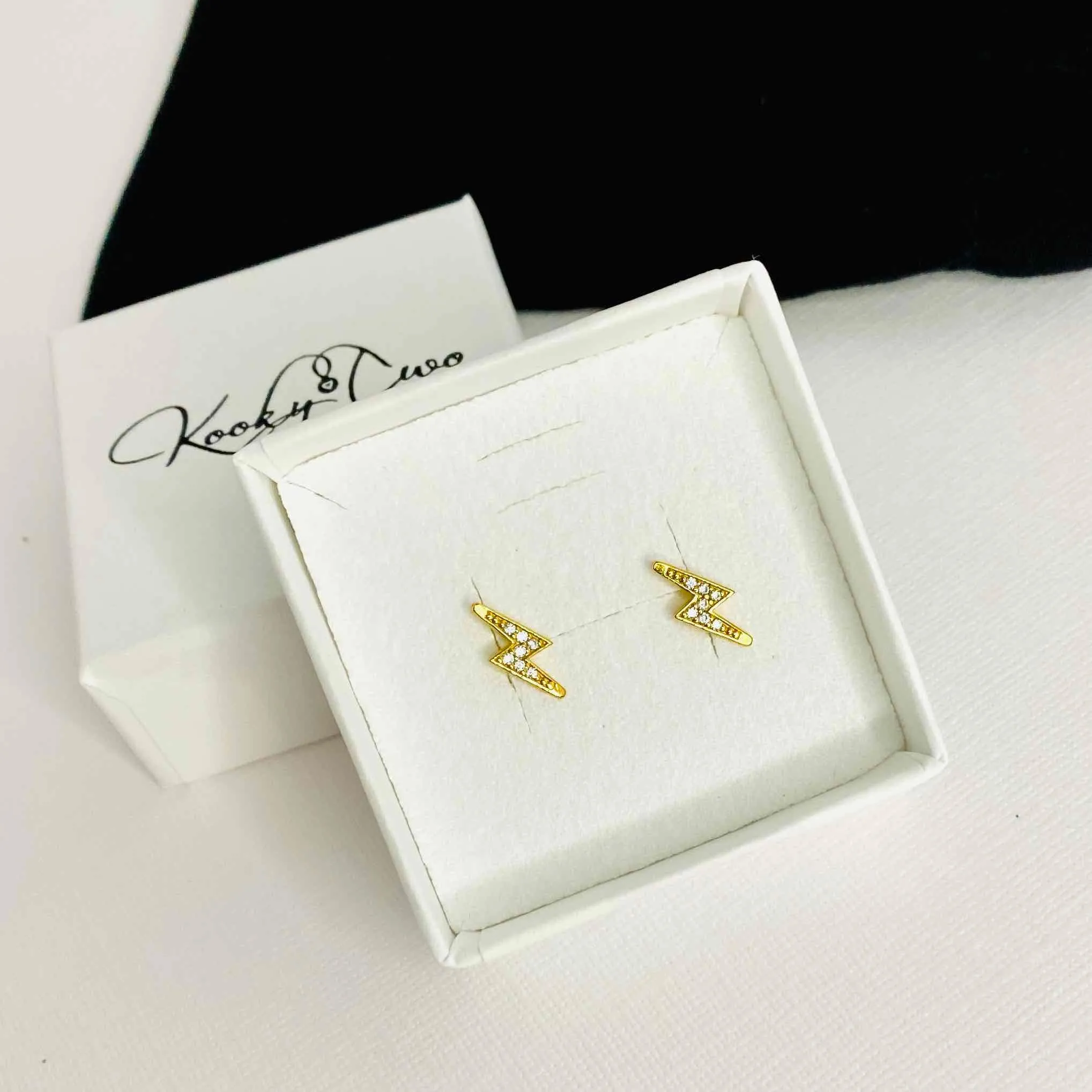 Gold Sparkle Lightning Bolt Stud Earrings