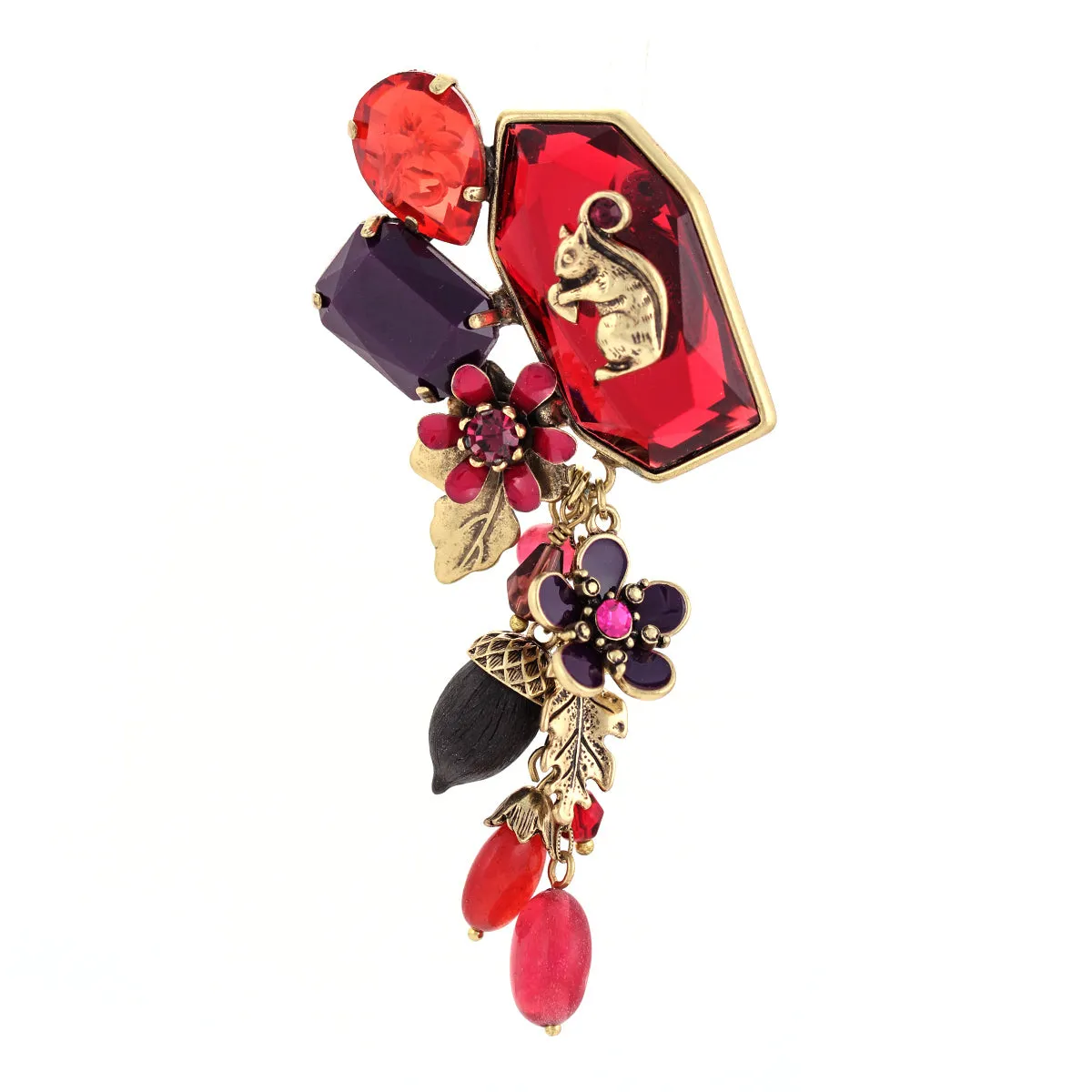GOLD SQUIRREL AND RED CRYSTAL FLOWER BROOCHES PINS & ACCS. #214RD4101 (1B6)