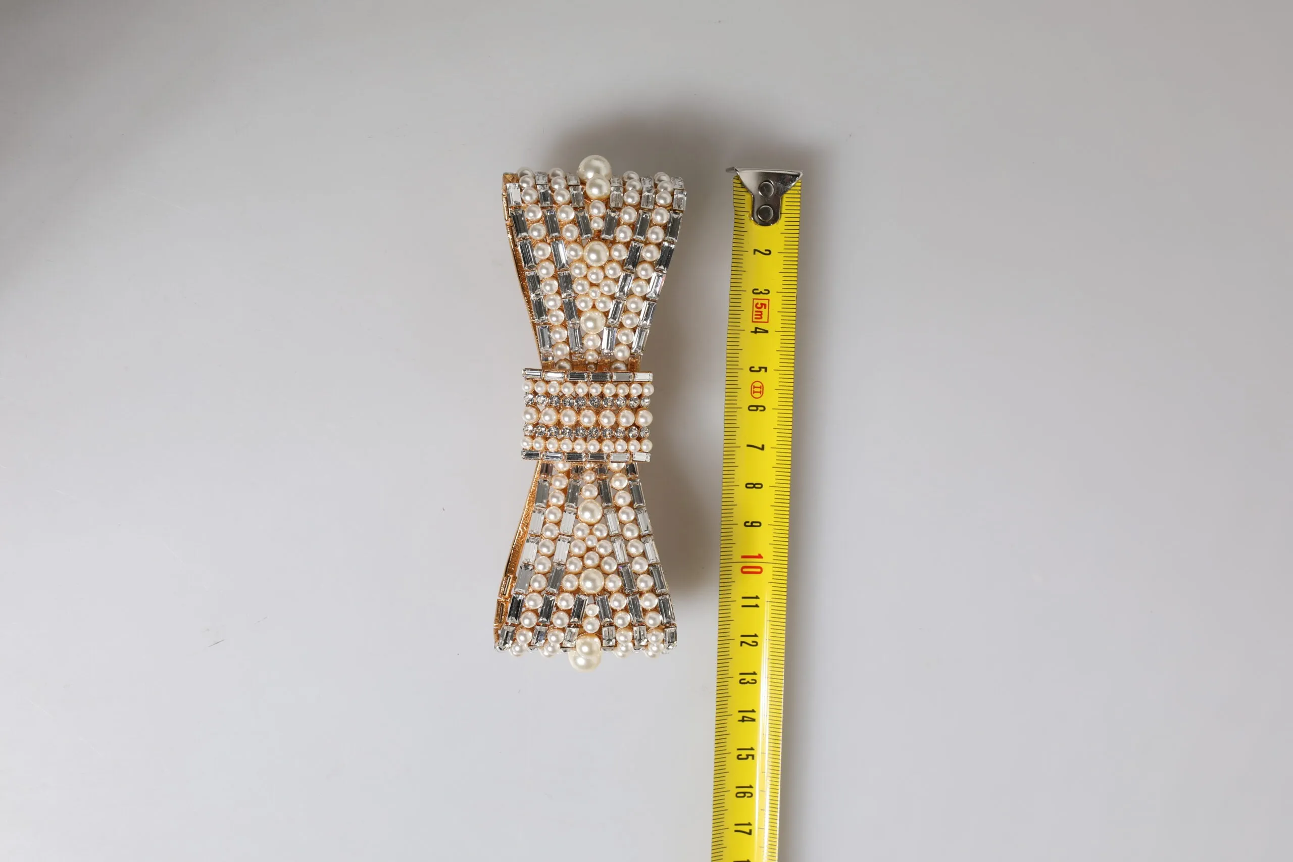 Gold Tone Brass Bow Crystal FauxPearl Embellished Brooch