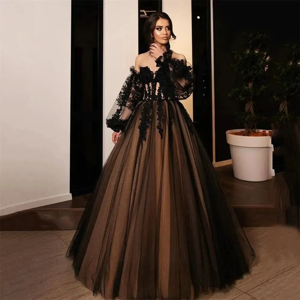 Gothic A-line Evening Dresses Black Lace Embroidery Prom Dress Off Shoulder Puffy Party Dresses Robe De Soirée