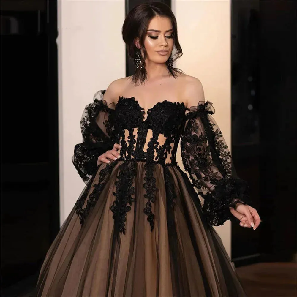 Gothic A-line Evening Dresses Black Lace Embroidery Prom Dress Off Shoulder Puffy Party Dresses Robe De Soirée