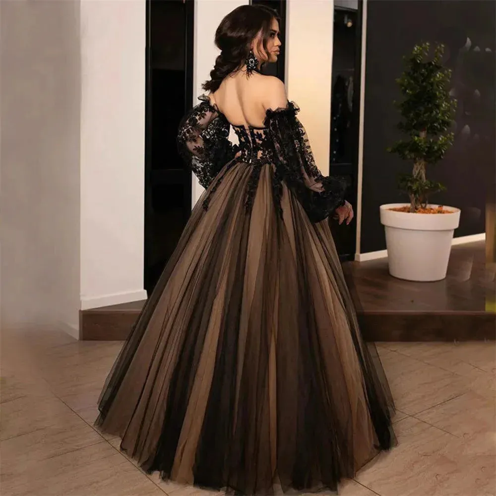 Gothic A-line Evening Dresses Black Lace Embroidery Prom Dress Off Shoulder Puffy Party Dresses Robe De Soirée