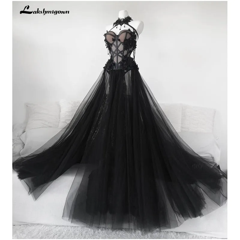 Gothic Black Long Wedding Dress 2021 Sexy Bridal Gown Vestidos De Novia Sexy Tulle Wedding Gowns Trouwjurk Plus Size