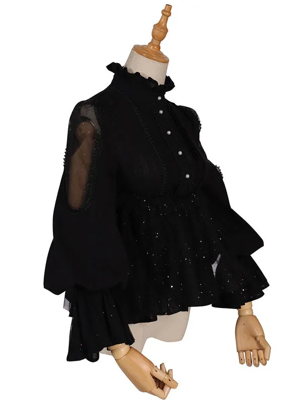 Gothic Lolita Blouses Black Lolita Top Long Sleeves Lace Lolita Shirt