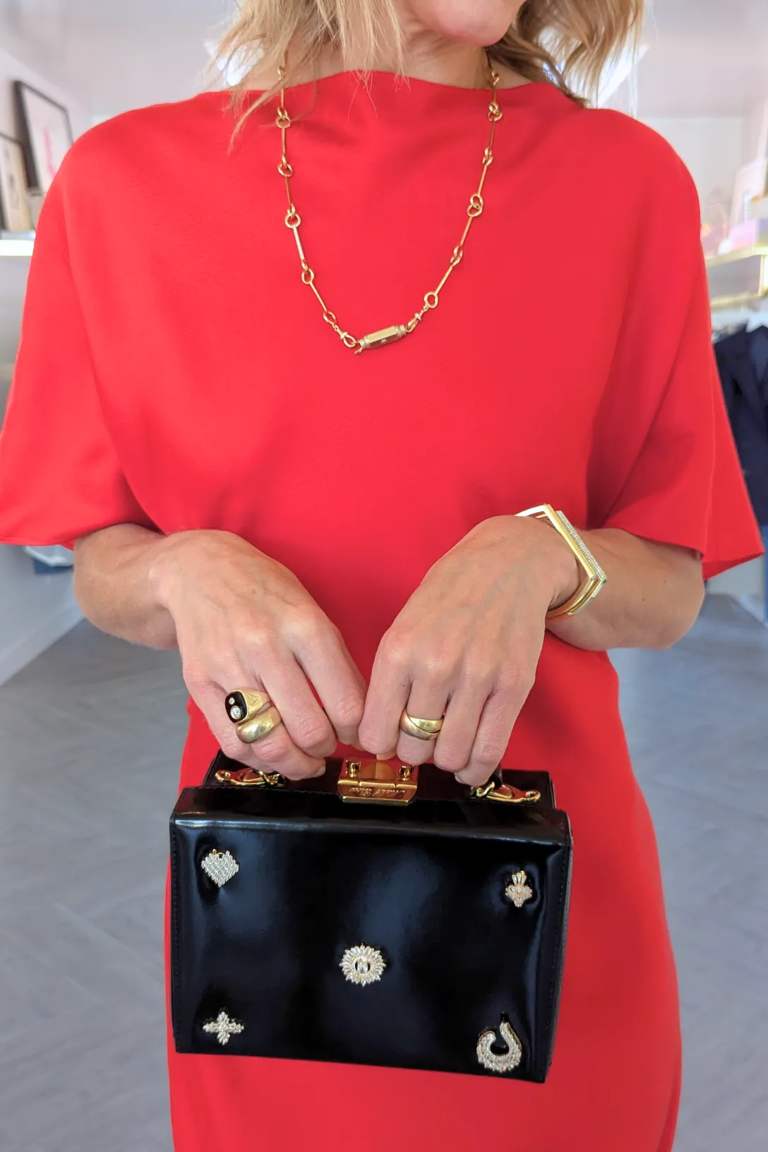 Grace Small Box Bag | Black and Crystal Brooches