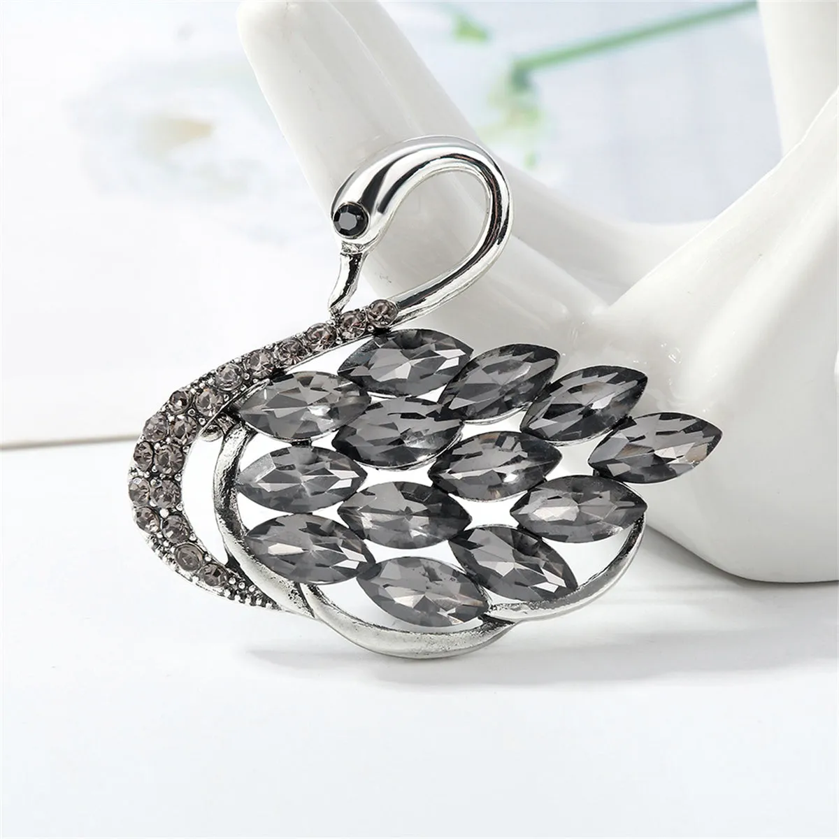 Gray Crystal & Cubic Zirconia Silver-Plated Curved Swan Brooch