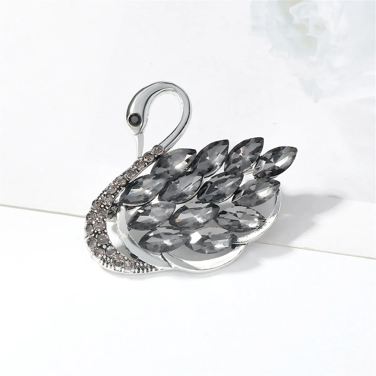 Gray Crystal & Cubic Zirconia Silver-Plated Curved Swan Brooch