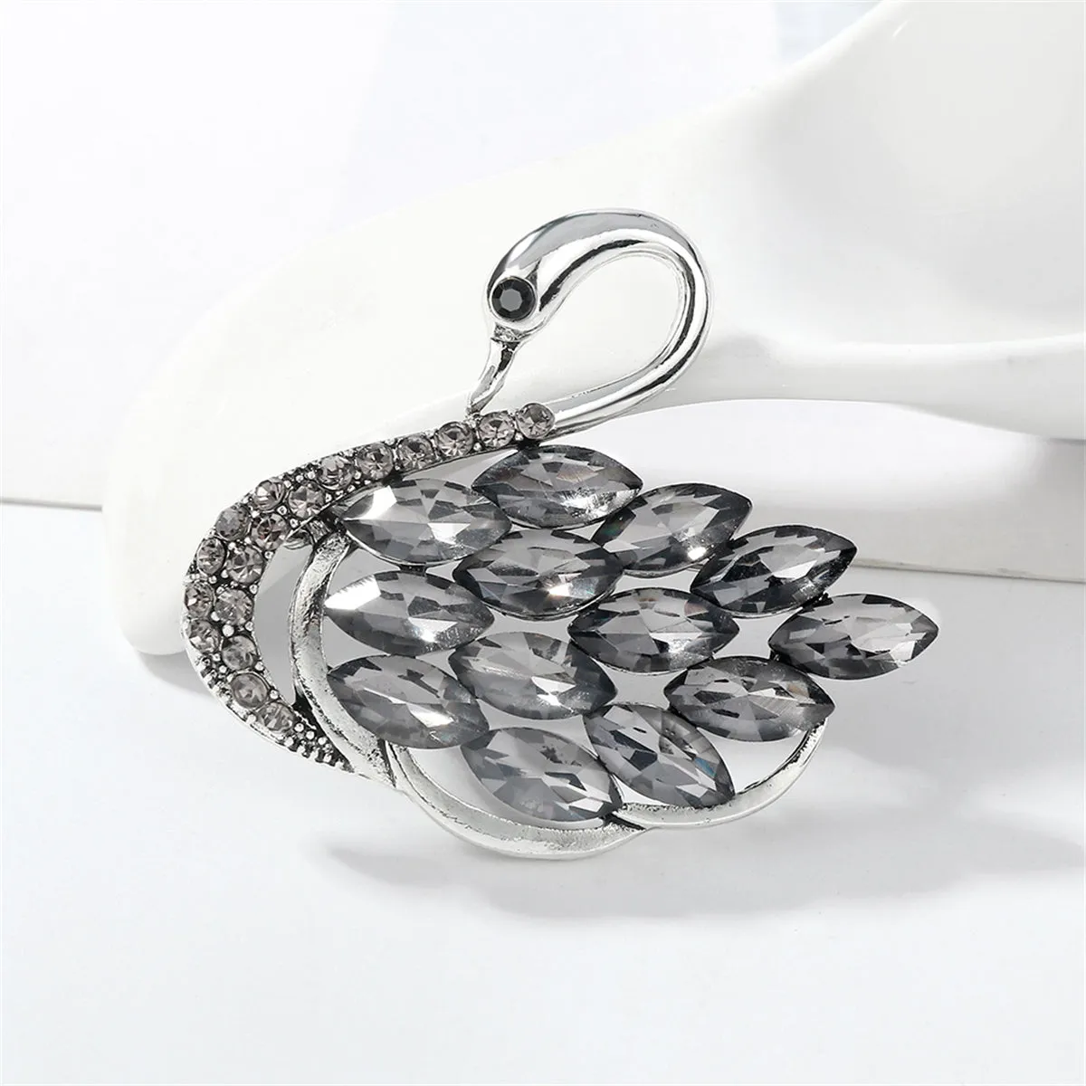 Gray Crystal & Cubic Zirconia Silver-Plated Curved Swan Brooch