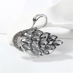 Gray Crystal & Cubic Zirconia Silver-Plated Curved Swan Brooch