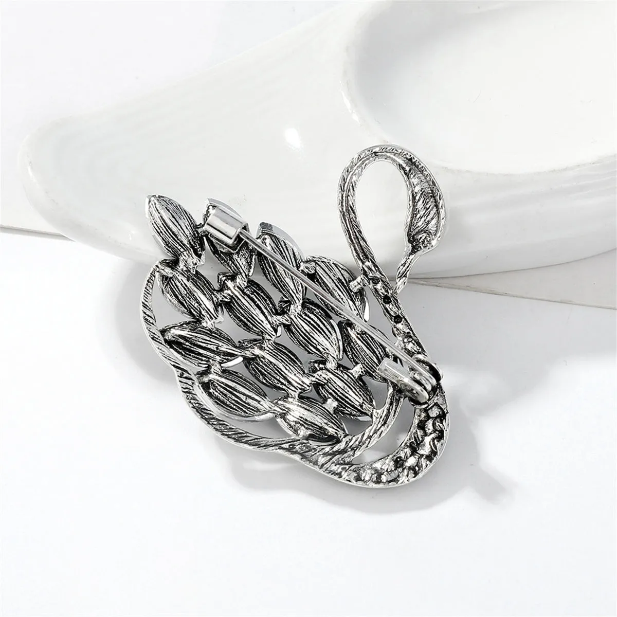 Gray Crystal & Cubic Zirconia Silver-Plated Curved Swan Brooch