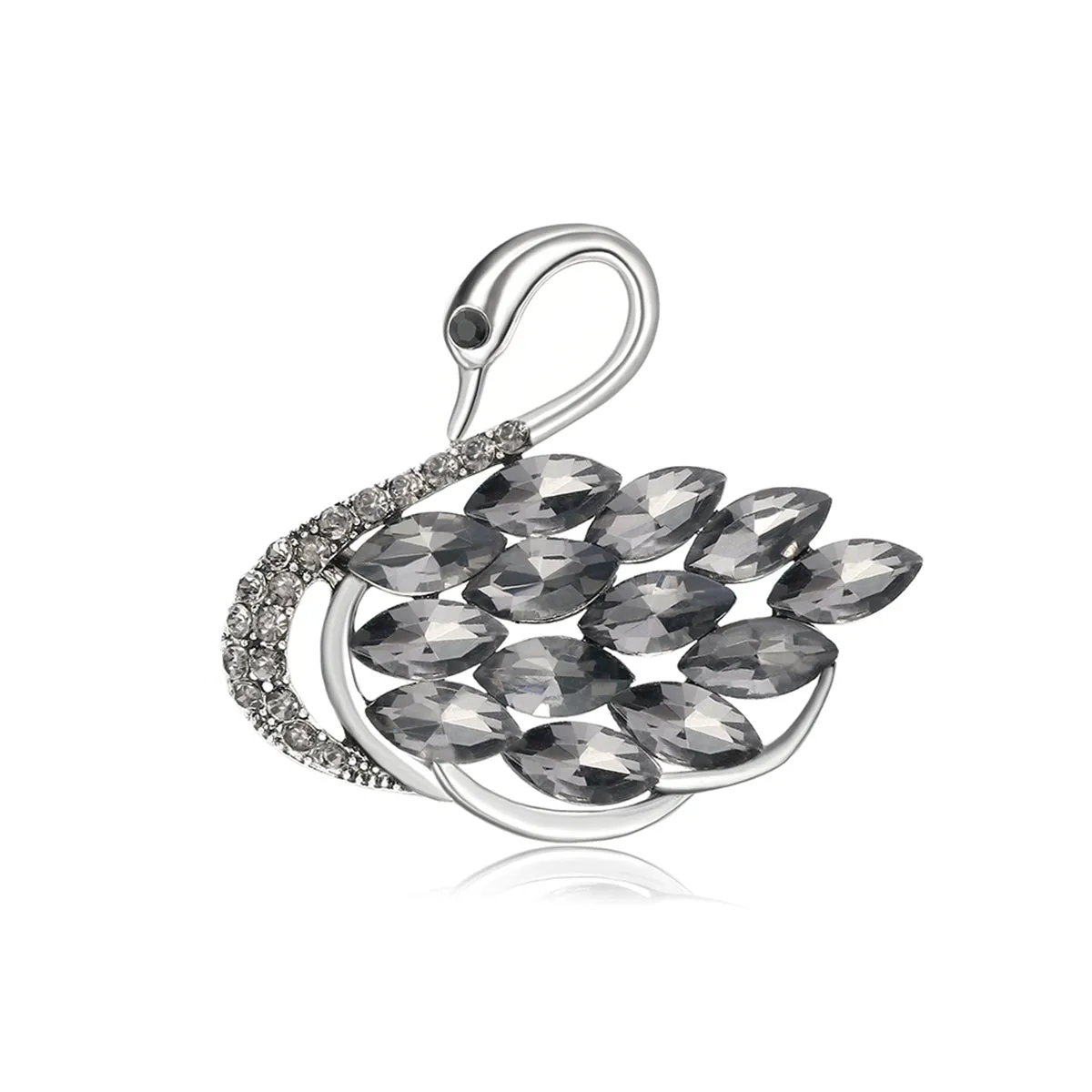 Gray Crystal & Cubic Zirconia Silver-Plated Curved Swan Brooch