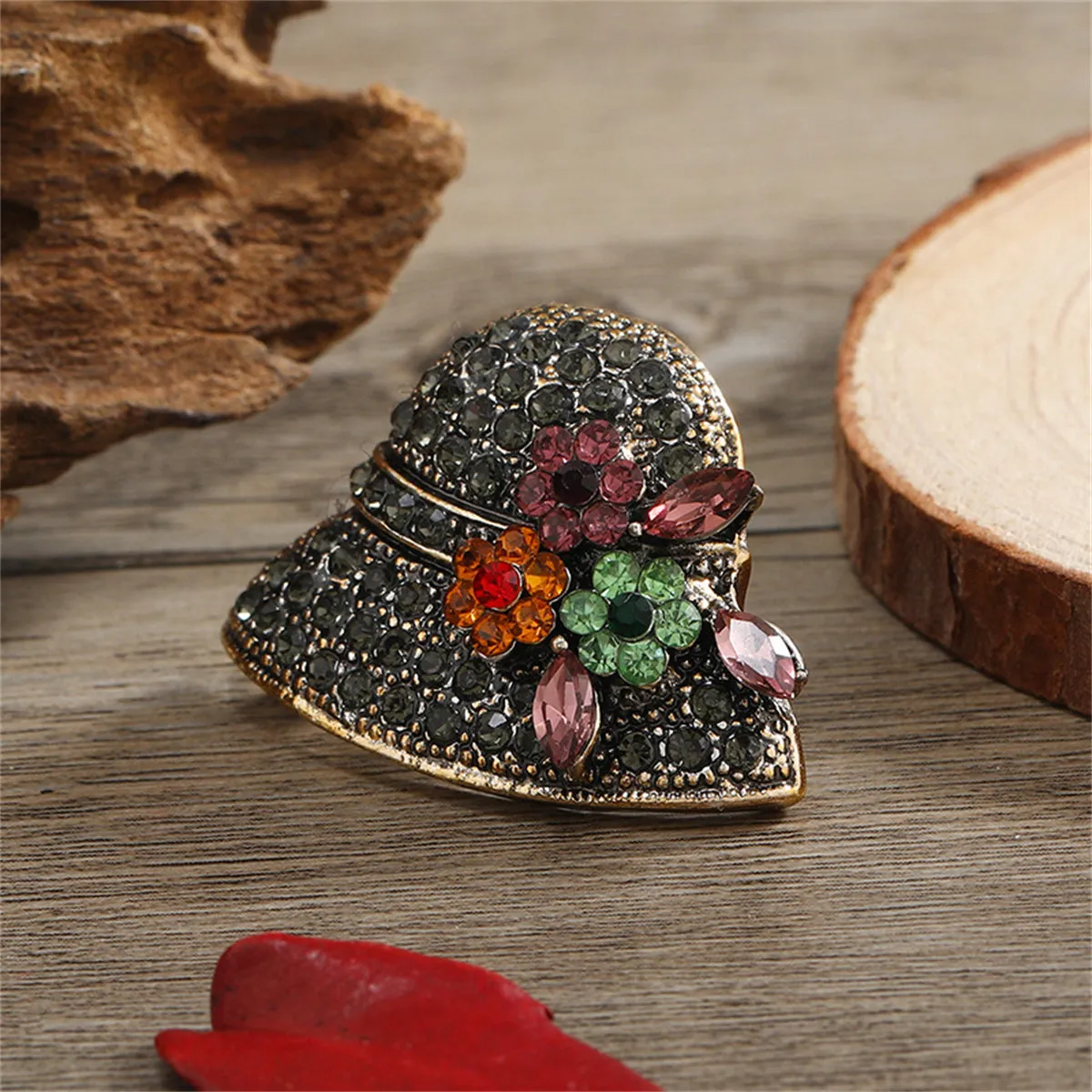 Gray Cubic Zirconia & 18K Gold-Plated Flower Hat Brooch