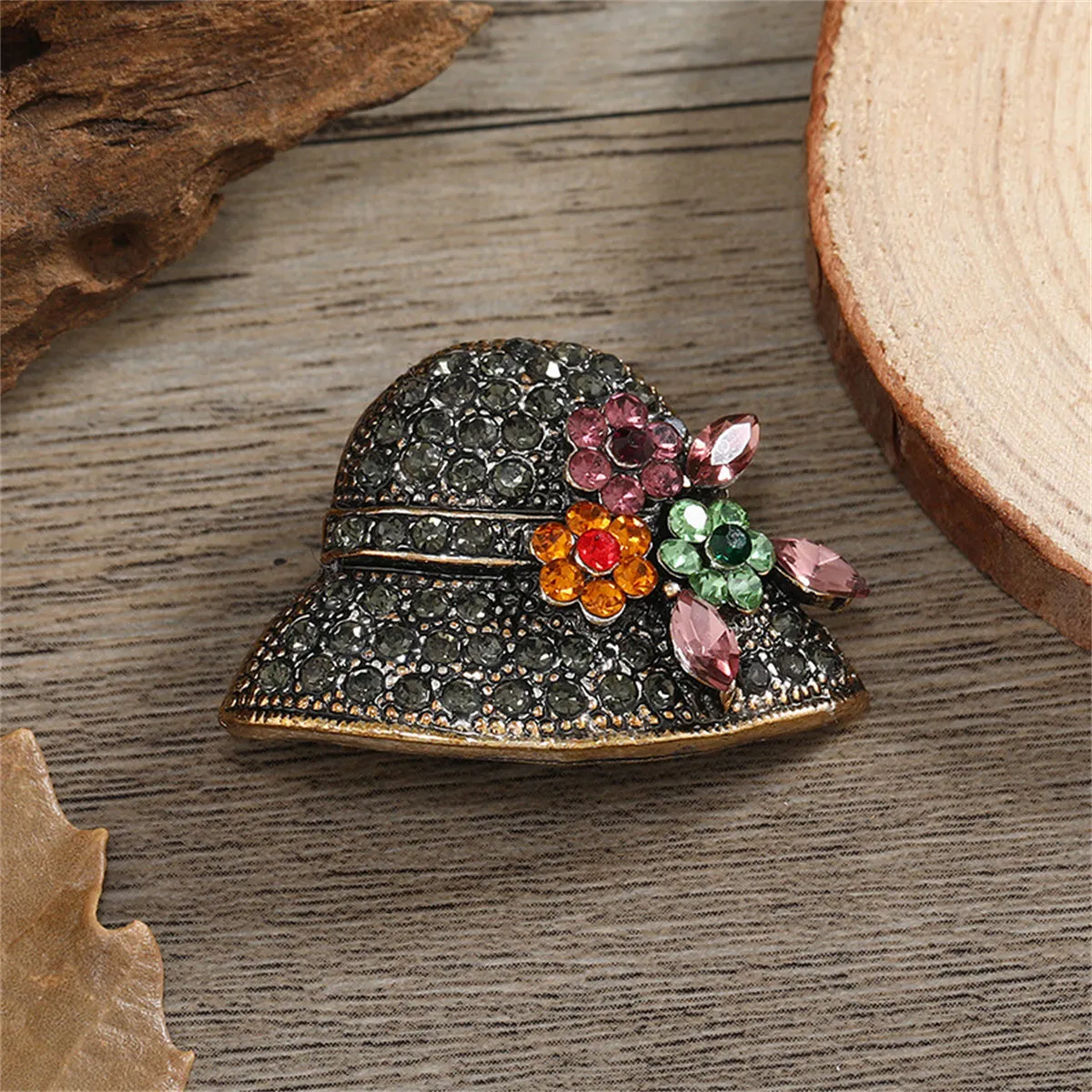Gray Cubic Zirconia & 18K Gold-Plated Flower Hat Brooch