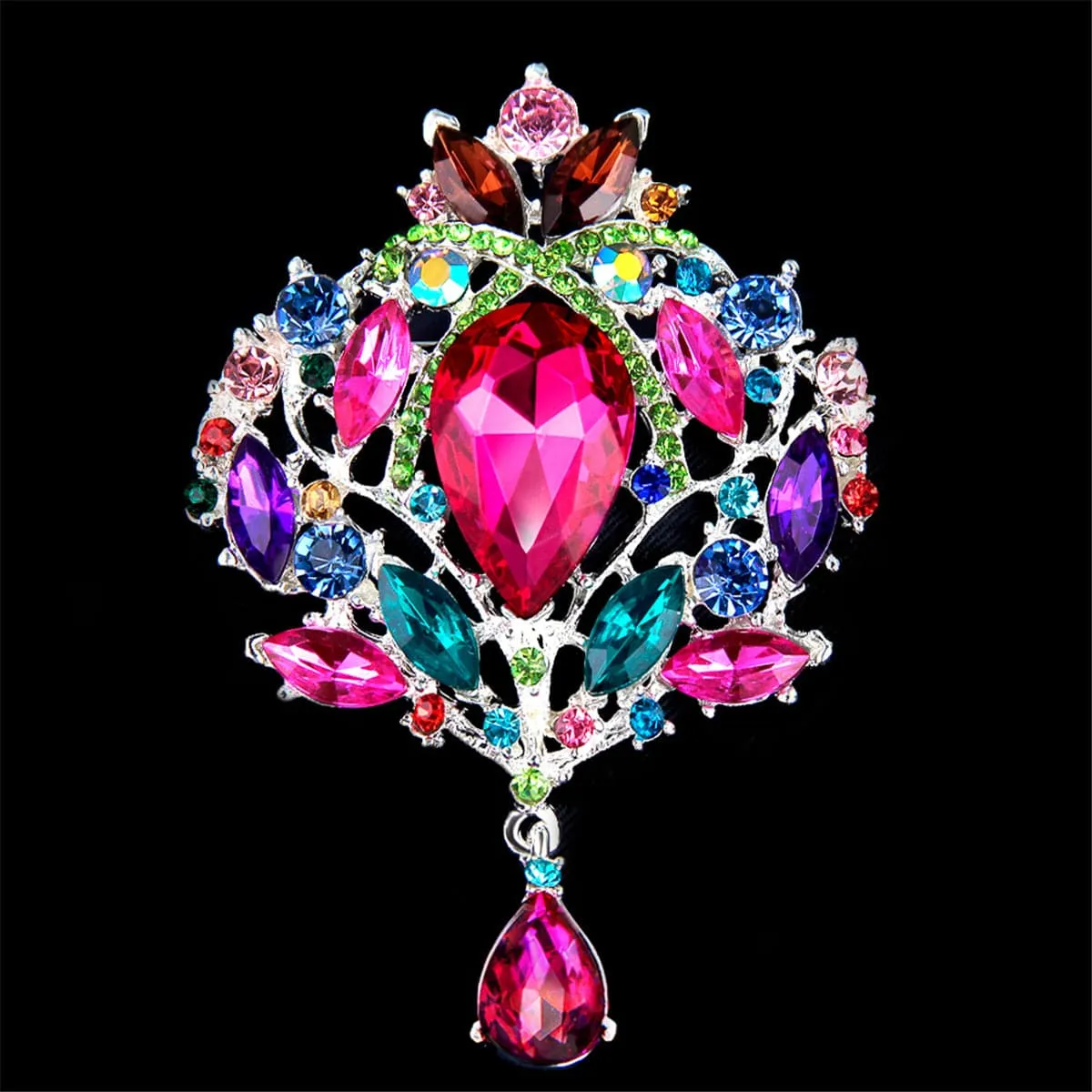 Green Cubic Zirconia & Multicolor Crystal Crown Brooch