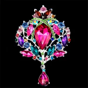 Green Cubic Zirconia & Multicolor Crystal Crown Brooch
