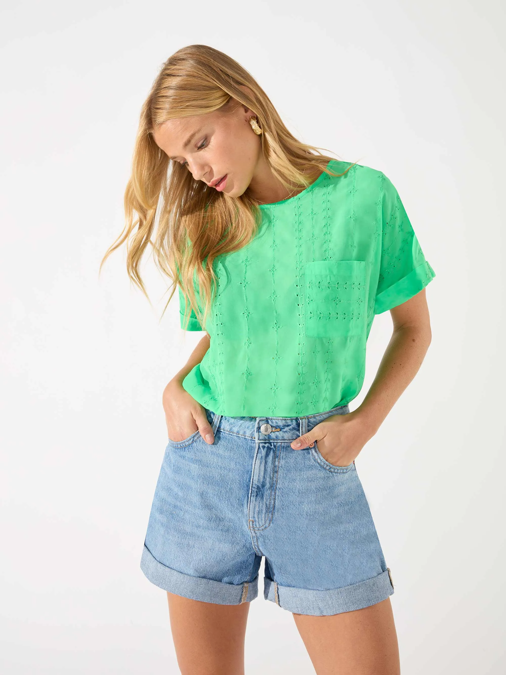 Green Embroidered Pocket Front T Shirt
