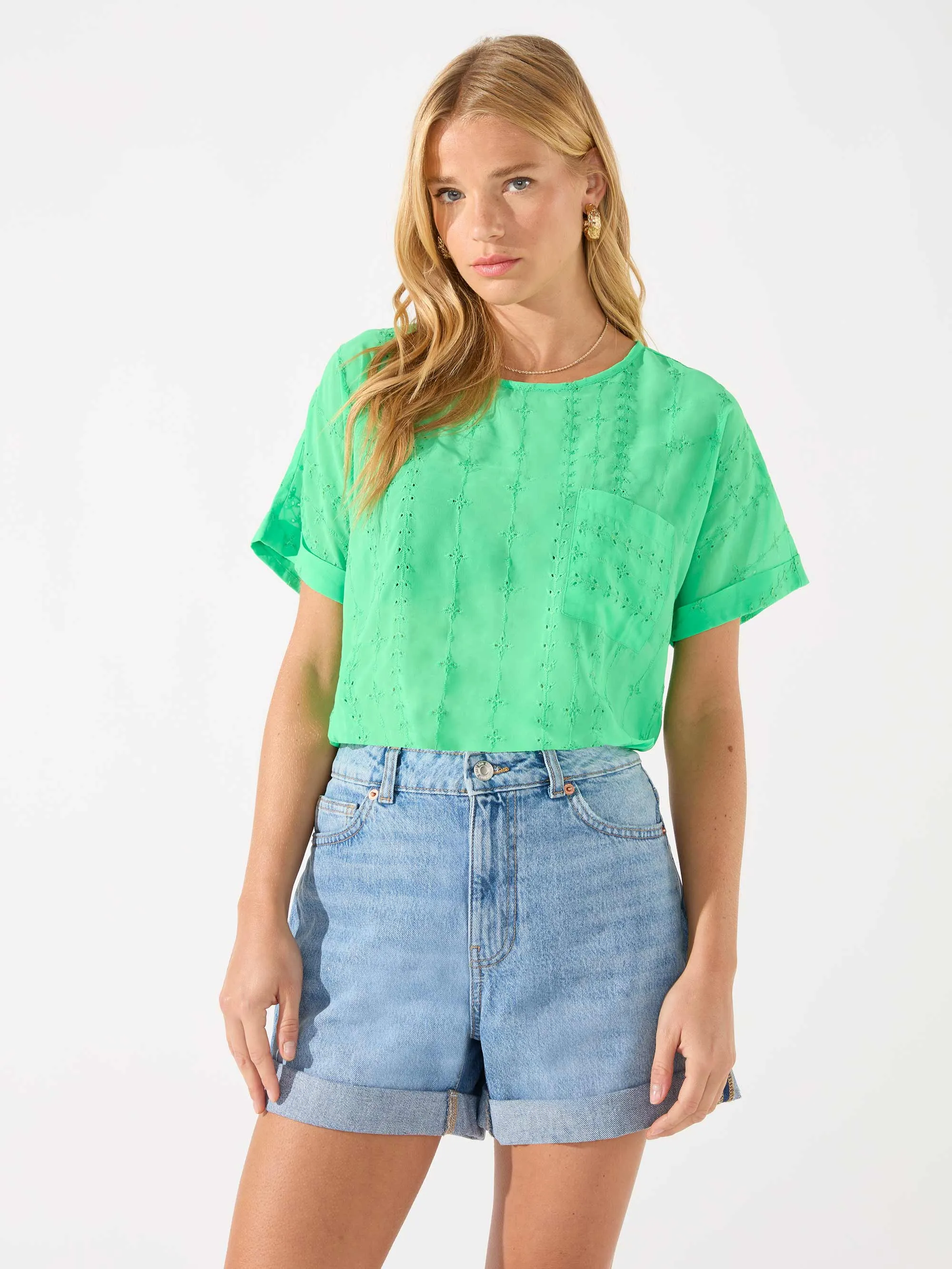 Green Embroidered Pocket Front T Shirt