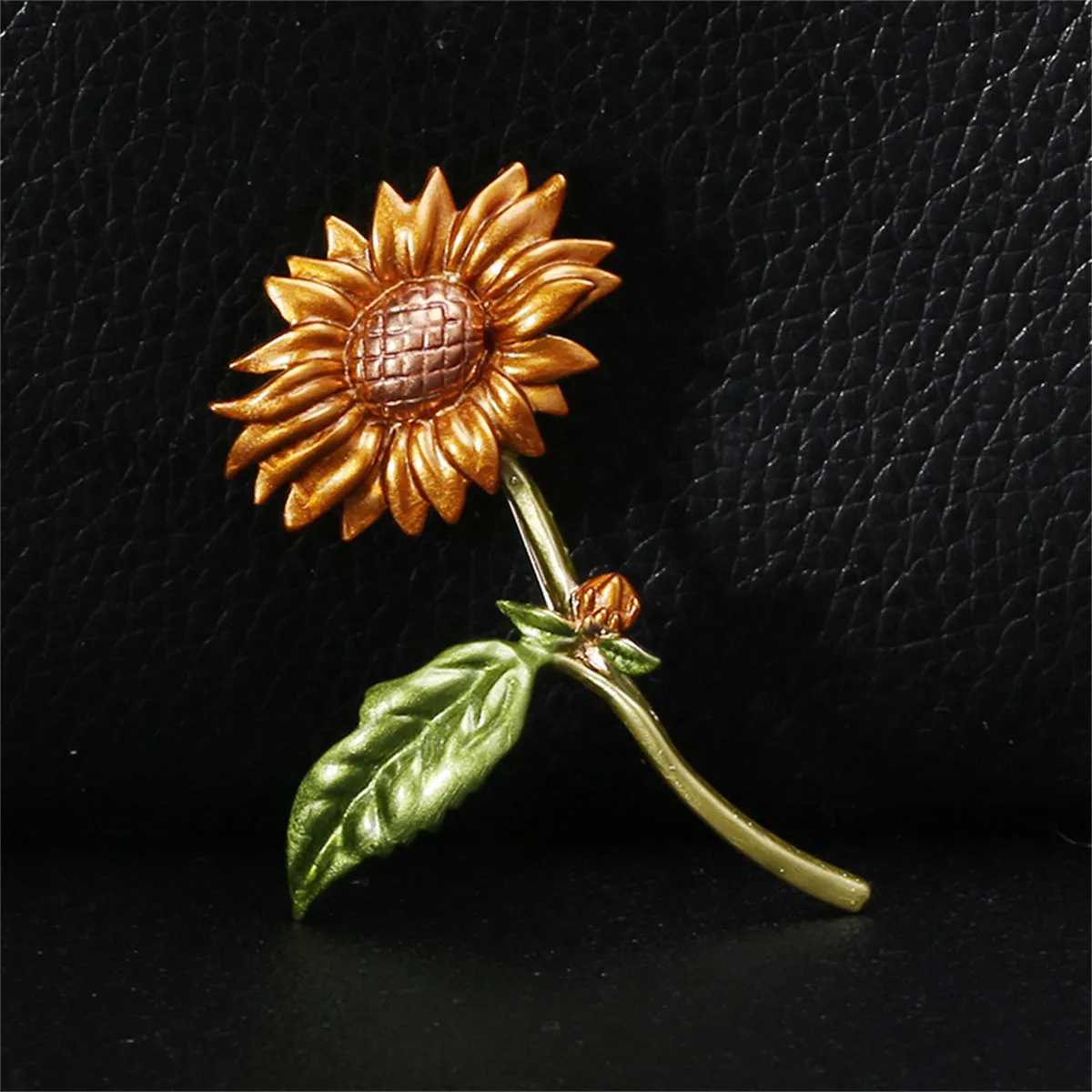 Green Enamel & 18K Gold-Plated Sunflower Brooch