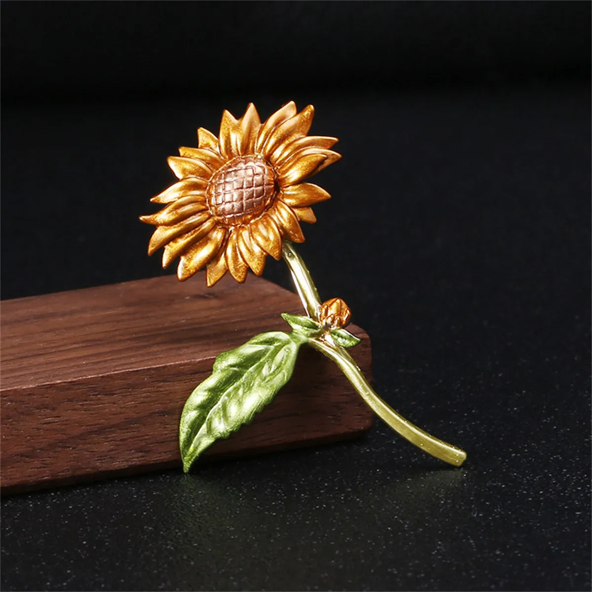 Green Enamel & 18K Gold-Plated Sunflower Brooch