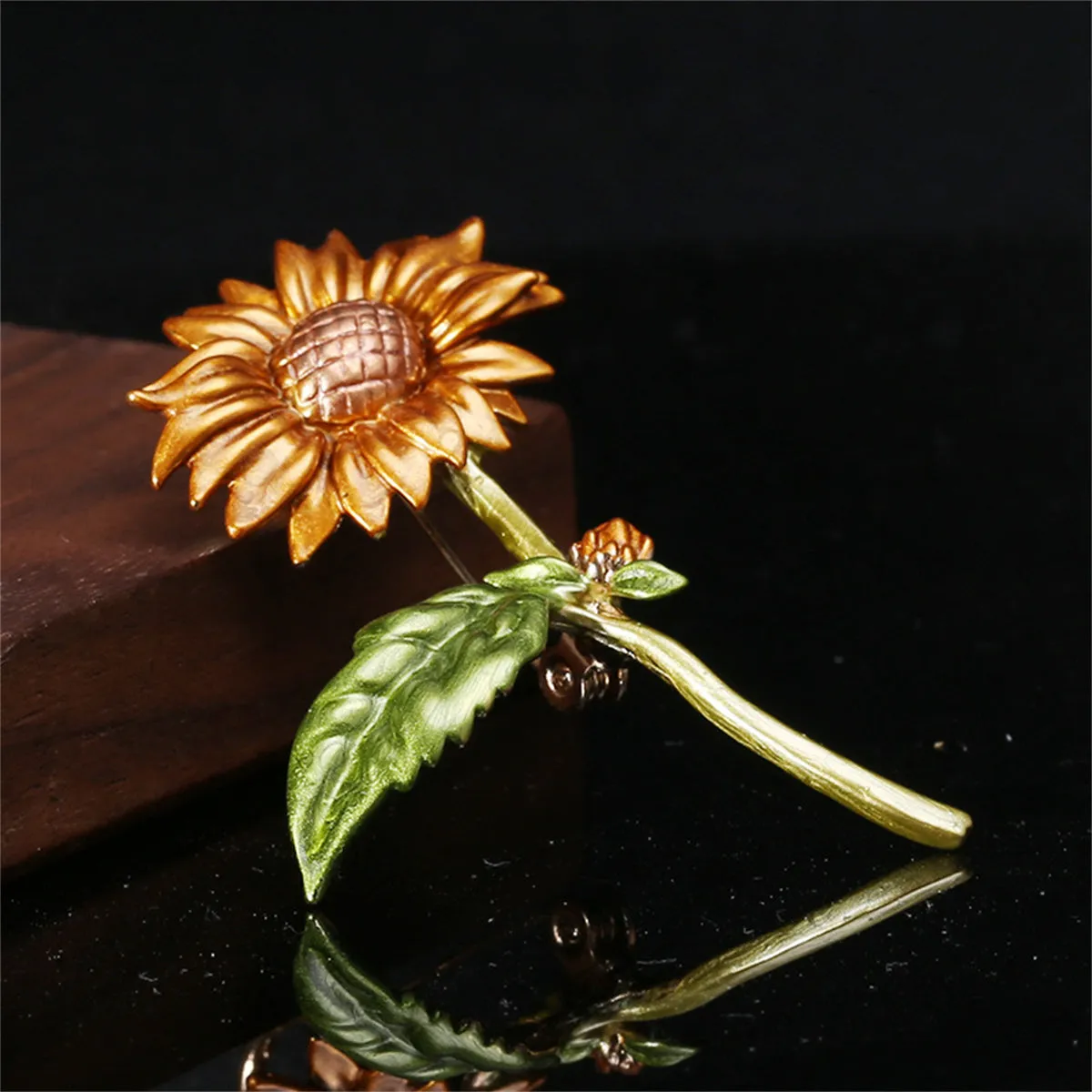 Green Enamel & 18K Gold-Plated Sunflower Brooch